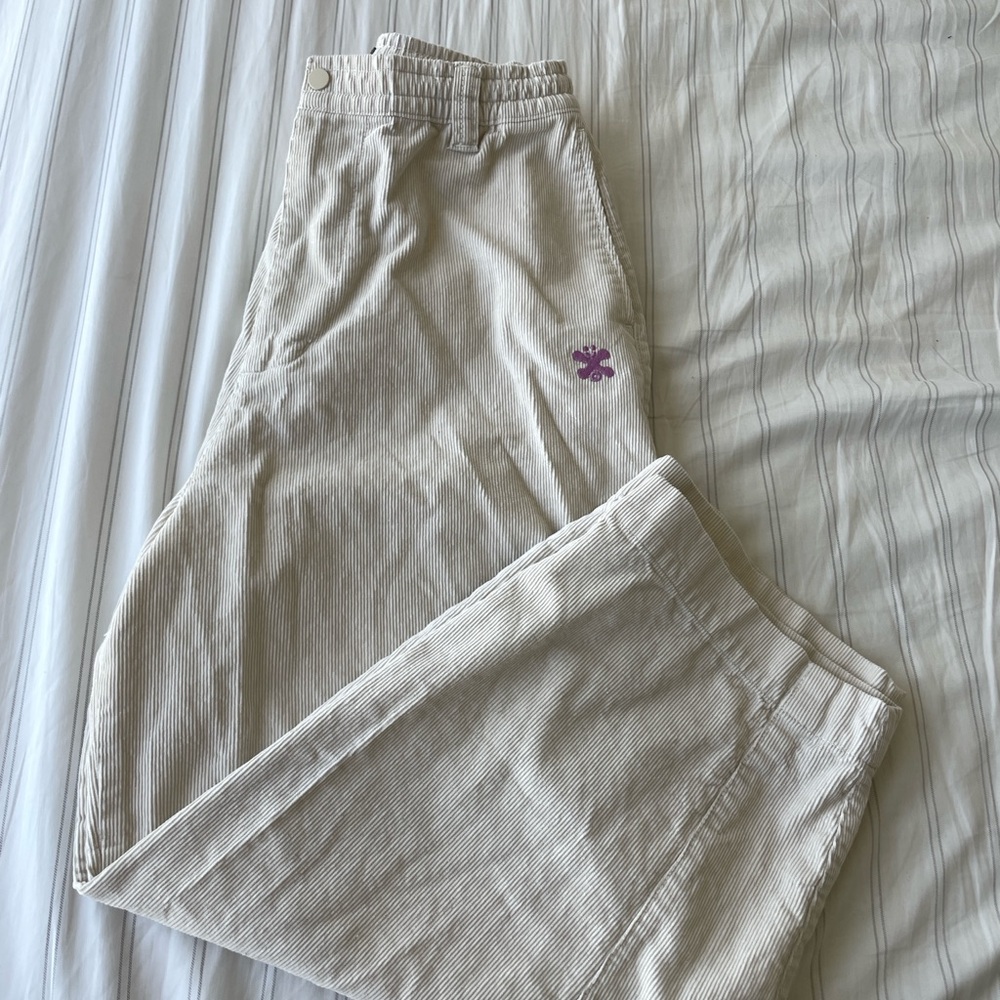 Cream Corduroy Pants with Purple Logo